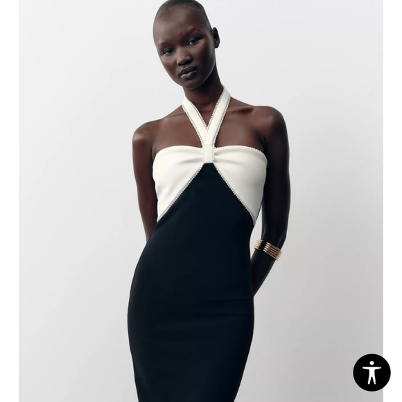 NWT Zara Stretch Bow Midi Dress /Black and White Halter Dress Size Small